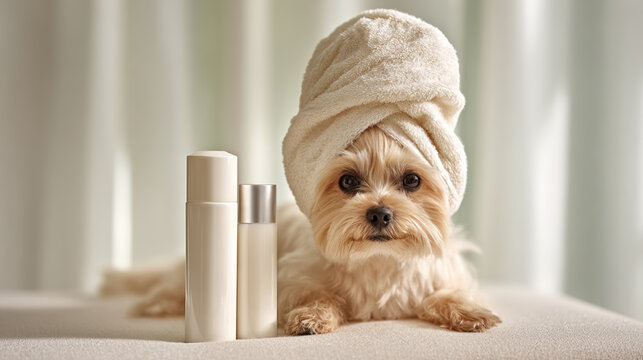 Small dog relaxing at pet pampering spa