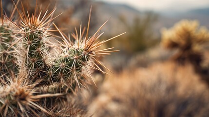 Obraz premium Close-Up of Cactus Needles Against a Blurry Desert Background Showcasing Natural Beauty and Intricate Details of Desert Flora