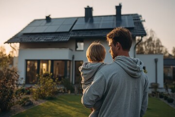 Fototapeta premium Warm scene of a parent and daughter before a modern house with solar panels, emphasizing renewable energy and resource conservation