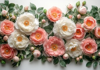 A peony frame template for a card or wedding invitation. A floral background of peonies with space for text. Floral background.