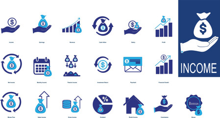Financial Income Icon Set for Business Growth, Blue Money Symbols for Investment Banking Wealth Management and Revenue Tracking, Vector Graphics for Infographic Design