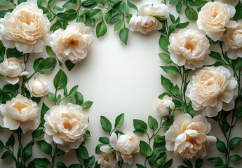 A peony frame template for a card or wedding invitation. A floral background of peonies with space for text. Floral background.