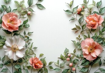 A peony frame template for a card or wedding invitation. A floral background of peonies with space for text. Floral background.