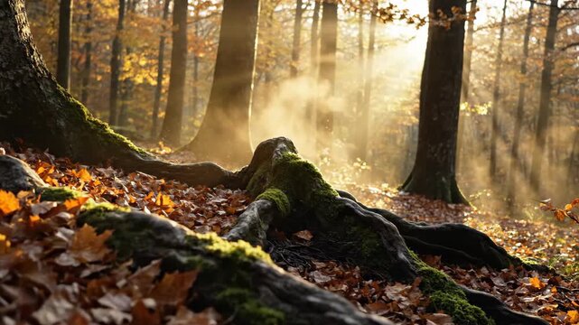 Sunlight filtering through autumn forest with moss-covered tree roots.