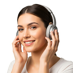 A young woman wearing headphones and smiling while listening to music