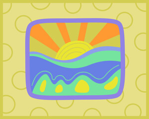 Abstract colorful landscape illustration with sunrise, hills and flowing lines in flat style. Bright playful shapes, modern decorative art for posters, prints, branding and backgrounds.