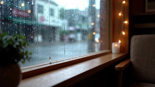 Raindrops on a cafe window overlooking a city street with cozy indoor lighting