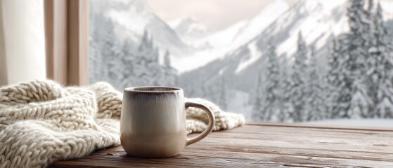 The Mug on a Wooden Windowsill Overlooking Snowy Mountain Pines in Winter Morning