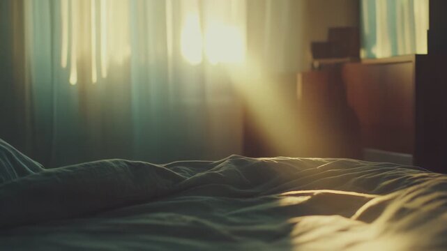 Empty bed featuring soft, unmade linens with warm morning sunlight illuminating the comfortable bedroom space, creating a serene and inviting atmosphere