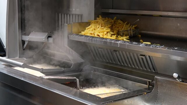 Potatoes frying in professional deep fryer at street food kitchen