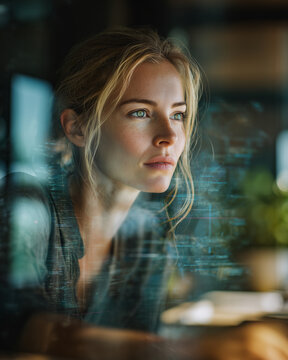 Donna al lavoro in ambiente luminoso e minimal: toni miele, profondit&agrave; cinematografica, focus silenzioso e professionalit&agrave; moderna, perfetta per temi di carriera e smart work.