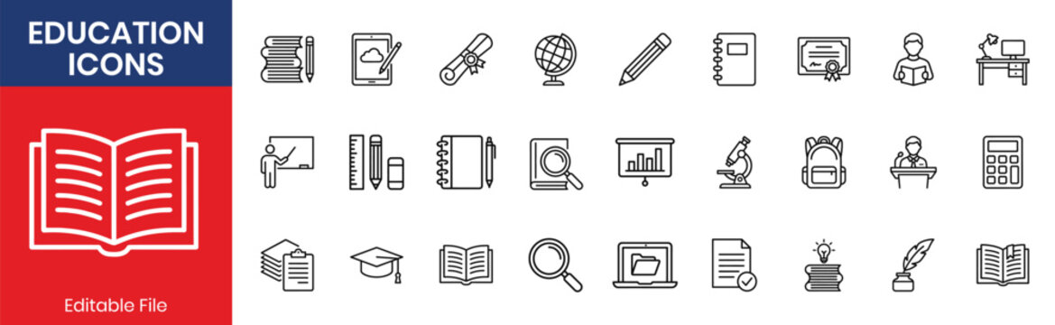Education Graduation School Building And Student Tools Thin Line Icon Set