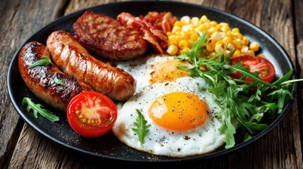 Hearty english breakfast with sausages, eggs, bacon, and vegetables.