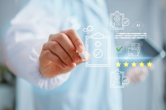 Doctor using AI medical quality control interface to verify healthcare data, patient records, and clinical compliance. Digital checklist, smart health technology, accuracy, trust, hospital innovation.