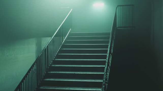 Concrete stairs with metal railings descend into a foggy, dim underpass, evoking a spooky, mysterious urban atmosphere of emptiness, danger, and uncertain passage
