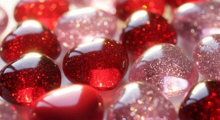 赤いハートがきらめくロマンチックなガラス風背景素材
