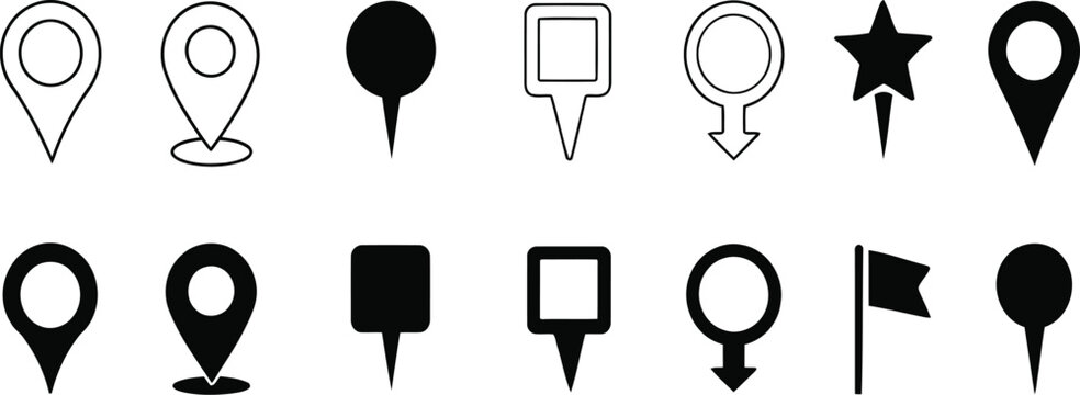 Location Pins: A variety of location pins, markers, and pointers, each with a unique design, ready to pinpoint destinations and places.