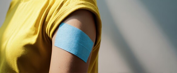 The bandaged arm after vaccination with blue adhesive bandage in yellow shirt