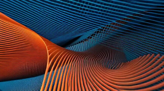 Dynamic orange wave pattern flowing through a blue grid background illustration