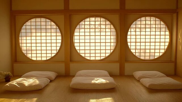 Traditional Japanese Room with Futon Beds and Round Shoji Windows Bathed in Warm Light.