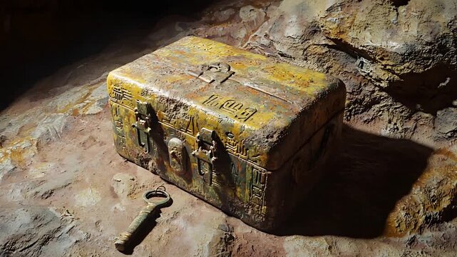 Discover an ancient ornate treasure chest and vintage key in a mysterious dimly lit cave.