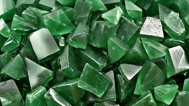 Abstract background of vibrant emerald green crystals glittering and reflecting light.