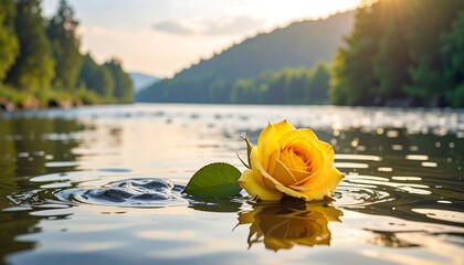 Yellow Rose Floating on Water at Sunset.
