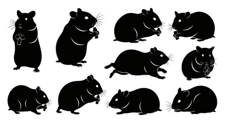 Fototapeta premium Collection of black hamster silhouettes in various poses,