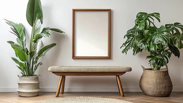 Stylish Modern Home Interior Featuring Lush Green Plants, Elegant Wooden Bench, and Wall Mirror.