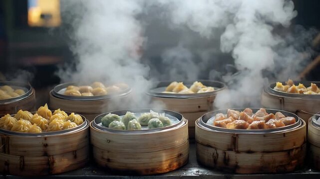 Steaming Hot Asian Dumplings in Bamboo Baskets Freshly Prepared at a Bustling Market.