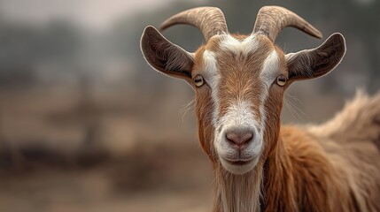 Goat stands in a field looking directly at the viewer during daylight in a rural area