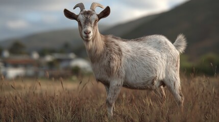 Goat stands in field next to a village during daytime with green hills in the background and a cloudy sky above