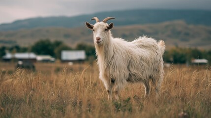 Obraz premium White goat stands in tall grass on a farm with buildings in the background during a cloudy day