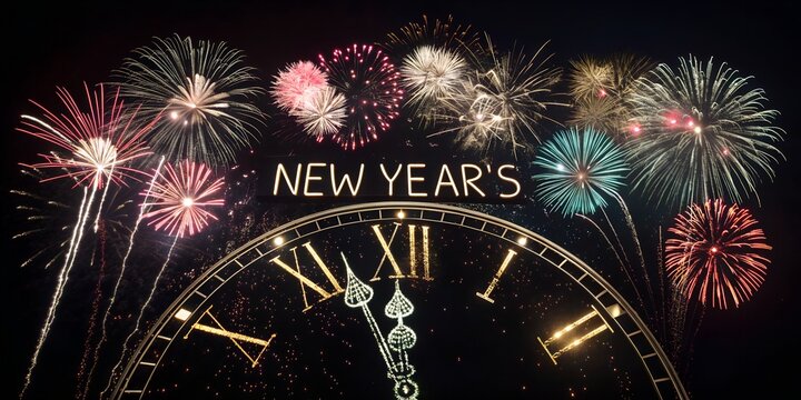 New years celebration clock face at midnight with colorful fireworks exploding in dark night sky representing holiday festivities