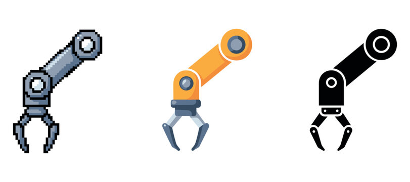 Three robotic arms: pixel art, flat design, silhouette