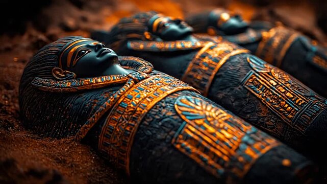 Ancient Egyptian Sarcophagi with Golden Accents Resting in a Dimly Lit Burial Site.