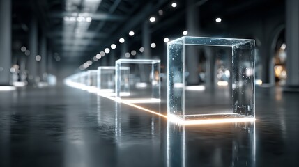 Obraz premium Futuristic glass cubes with glowing lights in modern industrial space