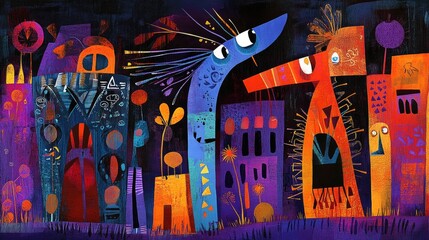 Fantastical Textured Cityscape with Playful Blue and Orange Abstract Creatures