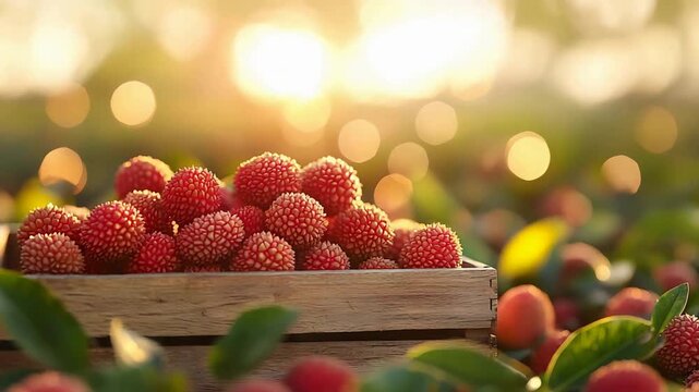 Freshly picked red exotic fruits overflowing from a wooden crate at golden sunset.