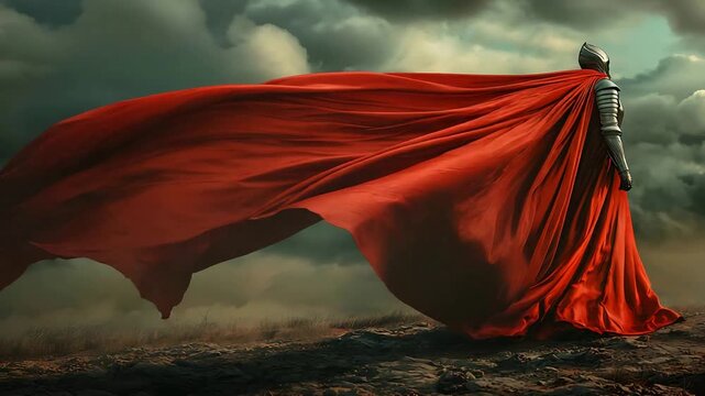 Armored Knight Stands Firm with Red Cape Billowing in Dramatic Wind Against Cloudy Sky.