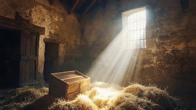 Golden Sun Rays Illuminate Dusty Hay and Old Wooden Manger in Rustic Barn Interior.