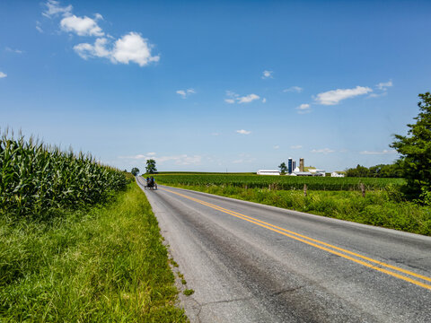 A long road runs past green fields of corn and distant farmland in the afternoon. Vehicles can be seen traveling along the road, highlighting rural life and farming.