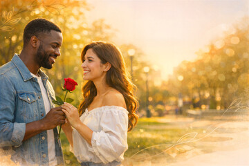 Golden Evening Romantic Park Stroll with Rose