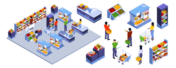 Shop interior with buyer inside supermarket environment. Vector isometric shelves with product, checkout counter and customers with baskets and shopping carts. Retail and grocery store elements