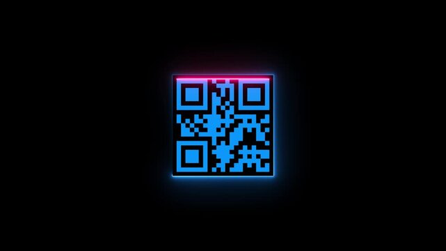 Neon Qr code animation on black background. suitable for scanner application. Biometric scanning animation. QR code on a scanned with a laser beam.