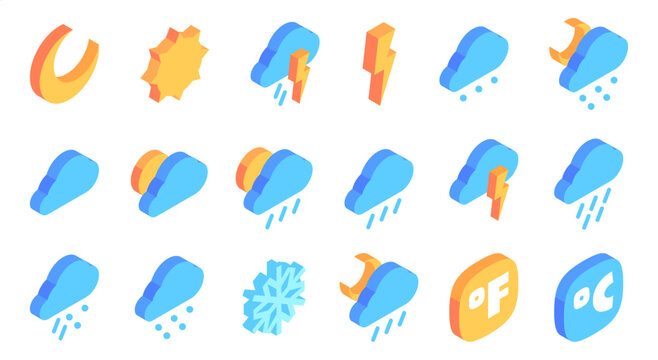 Weather icon set. Vector isolated sun, moon and rain, snow and thunderstorm cloud, lightning symbol and temperature indicators in Celsius and Fahrenheit. Meteorology symbols for forecast