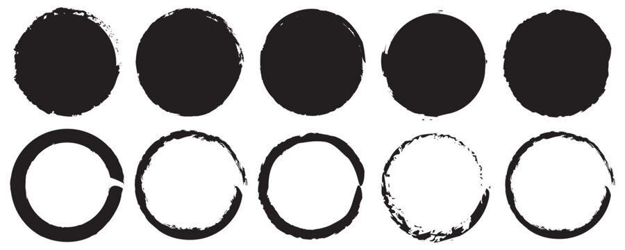 Grunge Brush Circle Stamp Set, Hand Drawn Round Paint Shapes and Rough Ink Textures, Abstract
 Vector Design Elements on White Background