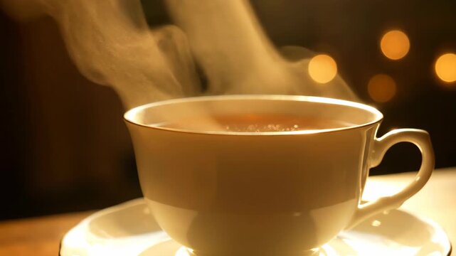 Steaming cup of hot coffee on a white saucer with warm bokeh background.