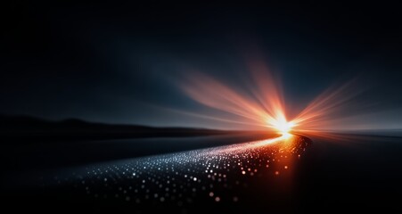 Dark sky with a bright orange sun in the distance. The sun is surrounded by a trail of light