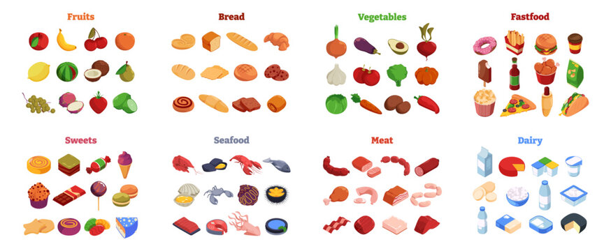 Assorted food groups set. Vector seafood, fruits and vegetables, fastfoods and sweets, meat and dairy products. Variety and nutrition categories, grocery selection and culinary assortment